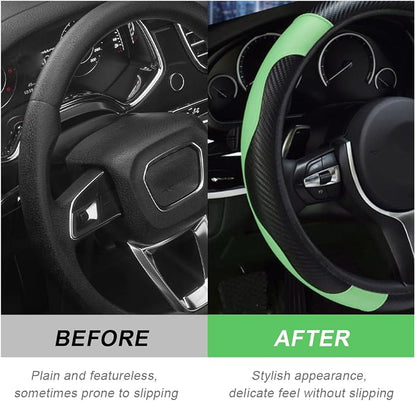 DXNQ Car Steering Wheel Cover, 15 Inch Carbon Fiber Leather Stitching Color Steering Wheel Protector, Anti-Slip Elastic Breathable Steering Wheel Cover Stylish Decor for Most Cars (Green) - Image 4