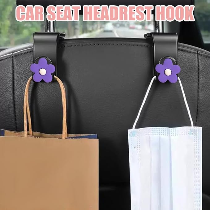 Car Headrest Hooks, Cute Flower Vehicle Seat Organizer Hooks for Purses and Bags, Portable Automotive Purse Hanger Holder Decoration, Universal Car Accessories for SUV, Sedan, Truck (Purple) - Image 5