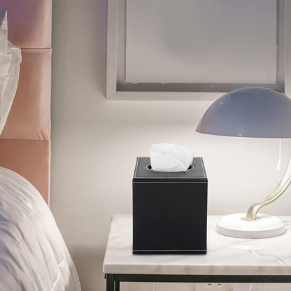 Sumnacon Square Tissue Box Cover,Magnetic Bottom PU Tissue Box Holder,Black | Elegant Cube Leather Tissue Box Covers,Decorative Tissue Box for Vanity Dresser Night Stand Table Countertop Office Car - Image 6