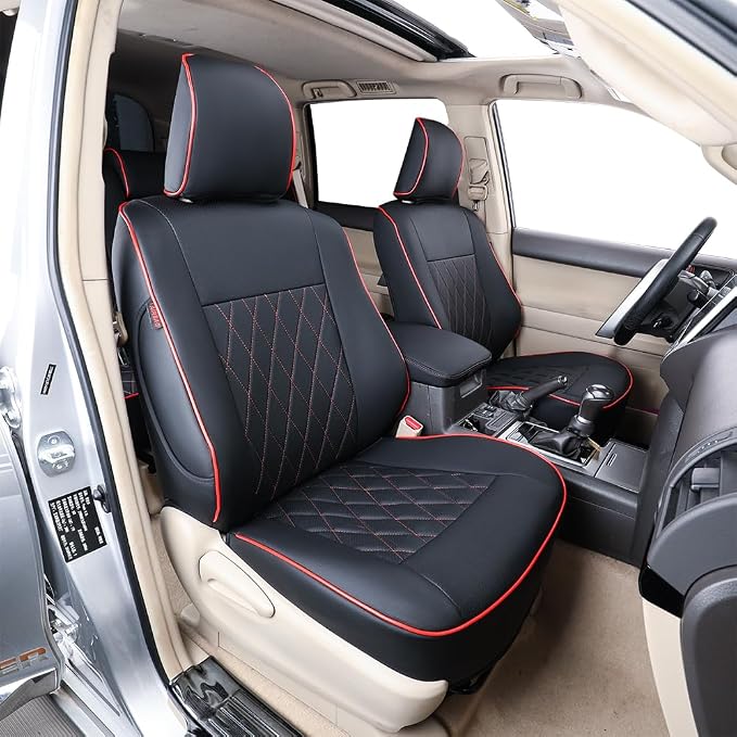EKR Car Seat Covers Custom Fit for Toyota 4Runner(5 Seats) Full Set | for Toyota 4Runner 2003-2009(Manual Front Seats)Airbag Compatible,Pet-resistant,Faux Leather(Black with Red Piping) by EKR