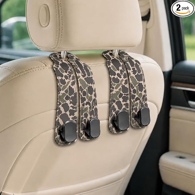 Cute Camo Car Seat Back Storage Headrest Hooks for Purses & Bags – 2PCS PU Leather Dual Metal Hooks, Backseat Organizer Accessories by Unknown