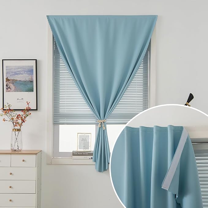 Self Adhesive Curtains, Black Out Shade for Window, Blackout Fabric Temporary Window Coverings Easy to Hang Curtains No Rod Needed, Use for Bedroom, Room, Kitchen, 35"W X 59"L, Lake Blue, 2 Panels - Image 6