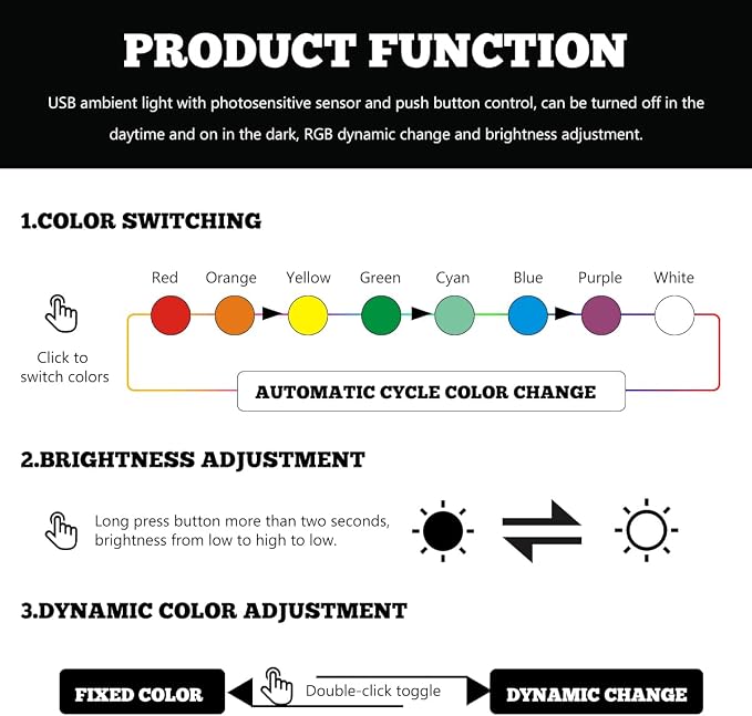 2PCS USB Type C LED Ambient Light, 8 Colors RGB LED Car Atmosphere Lamp with Adjustable Brightness, 5V Plug-in USB Night Lights Interior Decoration for Vehicle Home Office - Image 5