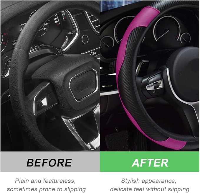 DXNQ Car Steering Wheel Cover, 15 Inch Carbon Fiber Leather Stitching Color Steering Wheel Protector, Anti-Slip Elastic Breathable Steering Wheel Cover Stylish Decor for Most Cars (Black&Purple) - Image 4