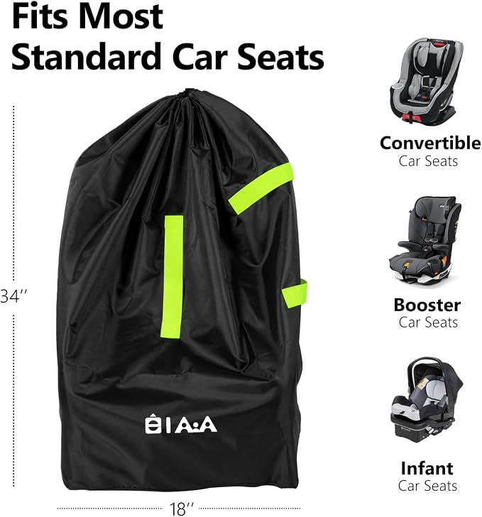 elaia Large Waterproof Car Seat Travel Bag for Airplane with Green Straps | Large capacity waterproof car seat travel bag for airplane with straps. Foldable, durable carseat bag for air travel - Image 2