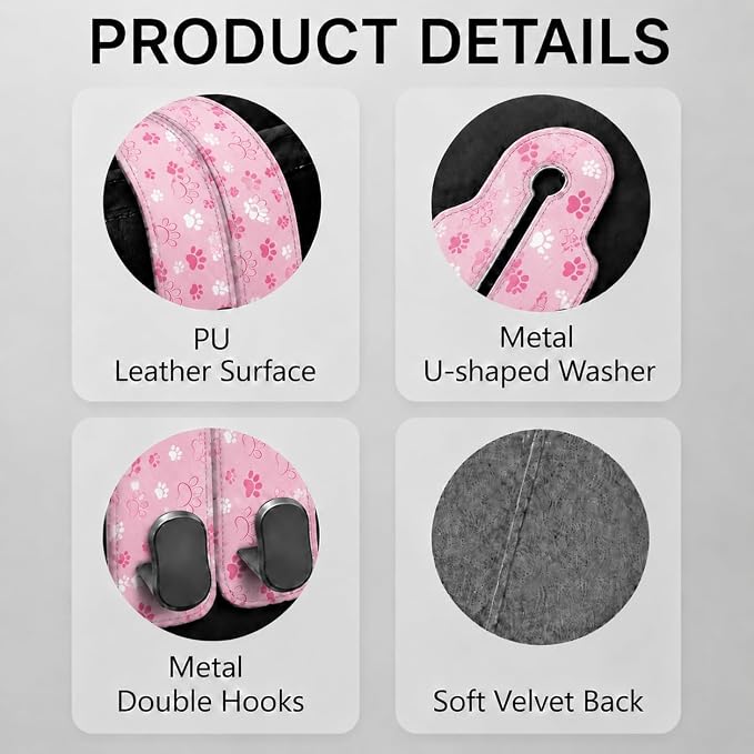 Cute Pink Paw Car Seat Back Storage Headrest Hooks for Purses & Bags – 2PCS PU Leather Dual Metal Hooks, Backseat Organizer Accessories - Image 3