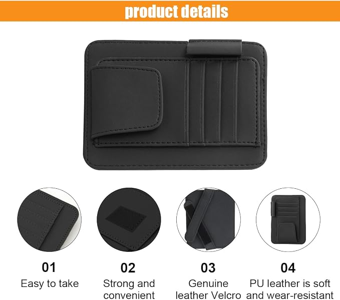 GLSOWEE Leather Car Sun Visor Organizer Clip with Sunglasses Holder, Black | Universal Car Truck Visor Document Holder, Auto Visor Pocket Storage Pouch for Bill Card Registration/Driving License Pen - Image 4
