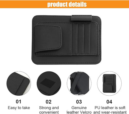 GLSOWEE Leather Car Sun Visor Organizer Clip with Sunglasses Holder, Black | Universal Car Truck Visor Document Holder, Auto Visor Pocket Storage Pouch for Bill Card Registration/Driving License Pen - Image 4