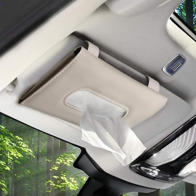 Car Tissue Holder for Sun Visor, PU Leather Napkin Case Box Beige | Car napkin box mounts on visor/back seat in seconds, quick reload, handy for drivers and passengers, fits cars, trucks & SUVs by SEMBEM