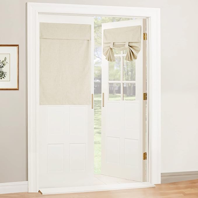 RYB HOME Natural Linen Textured French Door Window Curtains 100% Blackout | Self Adhesive, Thermal Insulated Privacy Energy Saving, Shades for Nursery Office Patio Glass Door, W26 x L40, 1 Panel by RYBHOME