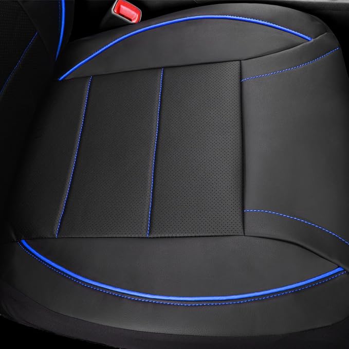 CAR PASS Universal FIT Piping Leather Two Front Seat Covers, Waterproof Faux Leather for SUV Sedan Van Truck, Airbag Compatible,Reserved Opening Holes for Headrest Covers. (Black and Blue) - Image 8