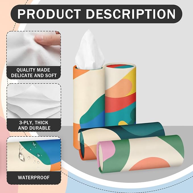 Arttown Car Tissue Holder for Cup Holder Facial Tissues 12 Pack Modern | Bulk 3-Ply,Refillable Marble Print Cylinder Tissue Boxes,Fit Car Home Office School (600 Sheets Total,50 Sheets Each) - Image 3