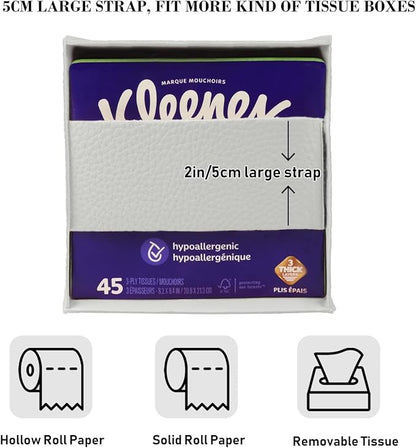 Tissue Box Cover Holder Square Tissue Cube Cover PU Leather Tissue Organizer with Bottom Belt for Bathroom, Tabletop, Car, Night Stands, Office, Home, Kitchen (2, White) - Image 3