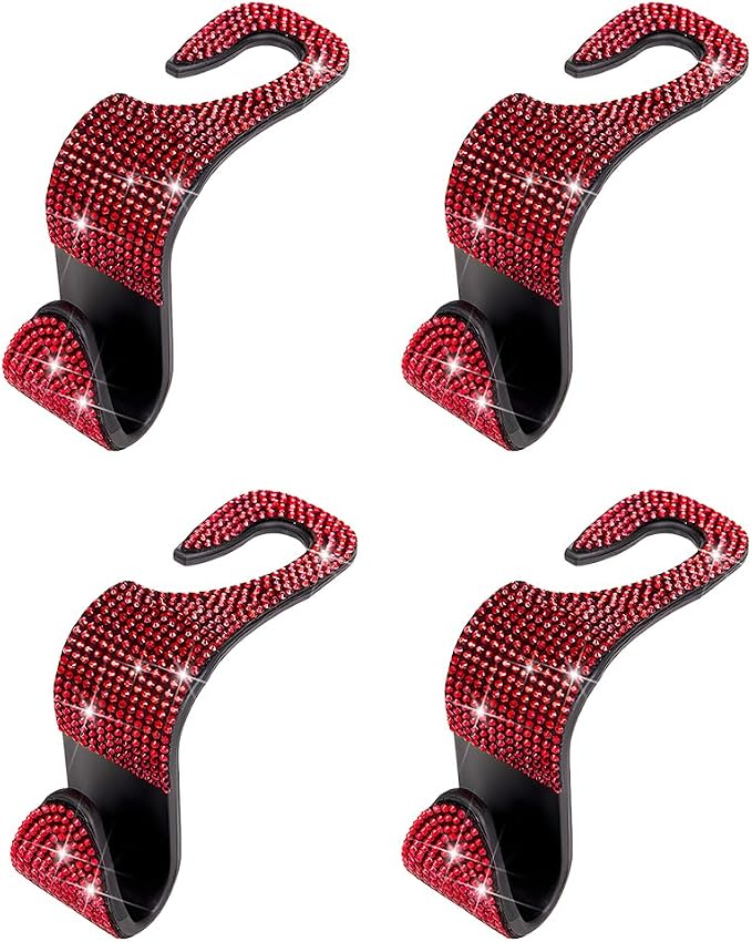 4PCS Bling Car Seat Headrest Hooks, Crystal Rhinestone Vehicle Back Seat Hanger Holder, Auto Interior Headrest Hanging Storage Organizer for Purse Handbag Coat, Universal Fit (Red) - Image 7
