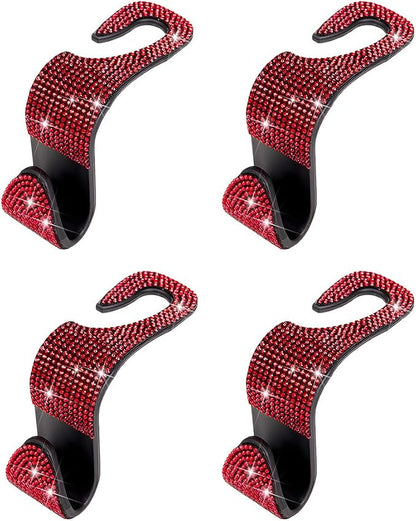 4PCS Bling Car Seat Headrest Hooks, Crystal Rhinestone Vehicle Back Seat Hanger Holder, Auto Interior Headrest Hanging Storage Organizer for Purse Handbag Coat, Universal Fit (Red) - Image 7