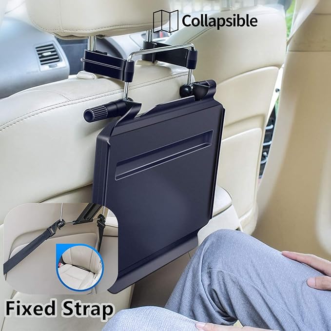 2 in 1 Car Steering Wheel Tray / Back Seat Headrest Tray for Eating Food Drink and Writing Laptop Work, XERGUR Black Car Desk - Image 3