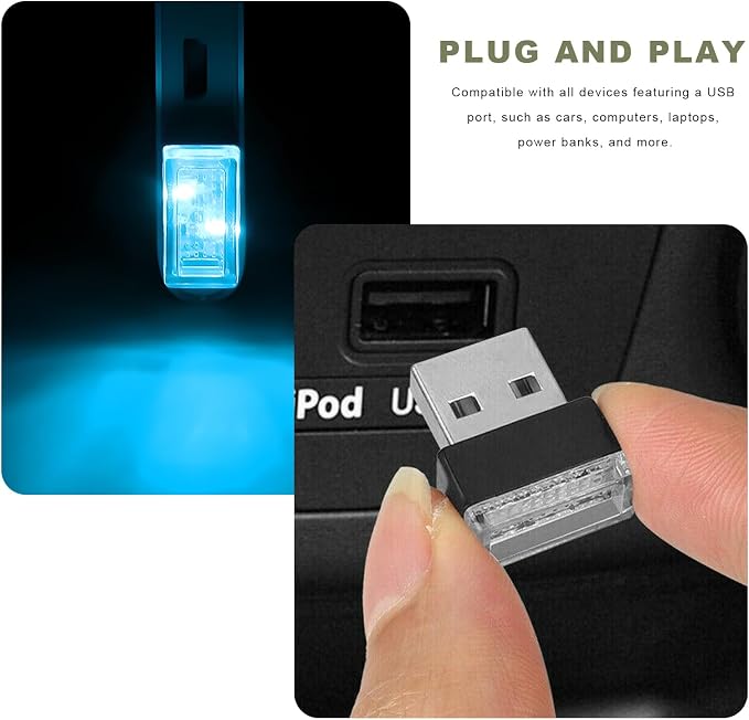 4 PCS USB LED Car Interior Atmosphere Lamp, Mini Night Light Plug-In Trunk Ambient Lighting Kit, Portable USB Interface LED Lamp Interior Decoration for Vehicle Home Office (Ice Blue) - Image 6