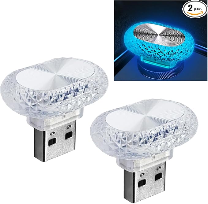 2PCS USB LED Car Interior Night Light, Crystal Mini Decoration Neno Ambient Light Car Interior Atmosphere Lamp, Plug-in USB Interface Auto Trunk Ambient Lighting Kit Universal for Cars (Blue) by Unknown