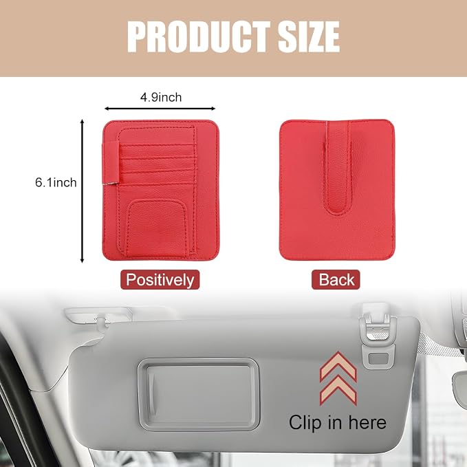 Augeny 2 PCS Car Sun Visor Organizer, Small Auto Visor Organizer and Storage, Registration and Document Holder for Sunglasses, Card, Pen, Driver License, Car Accessories (Red) - Image 2