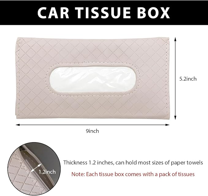 Car Tissue Holder, Leather Sun Visor Hanging Napkin Holder with Tissue Refill, Clip-On Visor Mask Dispenser Premium Paper Towels Case for Vehicles, Universal Car Accessories (Beige) - Image 2