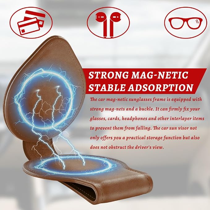 Sunglasses Holders for Car Visor, PU Leather Car Organizer, Magnetic Glasses Holder and Ticket Card Clip, Multi-Functional Auto Sun Visor Eyeglass Holder for Most Vehicles (Brown) - Image 5
