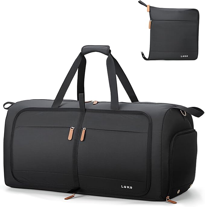 Lekesky Foldable Travel Duffle Bag for Women, 80L Large Duffel Bag with Separate Shoes Compartments & Straps, Carry On Weekend Bag for Women, Hospital, Overnight (Black) by LEKESKY