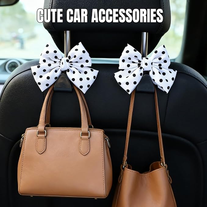 2PCS Car Seat Headrest Hooks, Car Purse Hook, Cute Bow Knot Vehicle Seatback Hanging Storage Organizer, Auto Seatback Decor Organizer Hanger for SUV Truck (White/Polka Dot) - Image 3