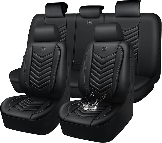 CAR PASS 3D Foam Faux Leather Seat Covers Full Set,Waterproof Leather Seat Cover for Cars,Luxury Universal Fit for SUV Truck Sedan Automotive, Armrest Airbag Compatible Anti-Slip, All Black by CARPASS