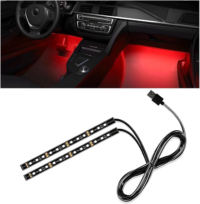Wevdn Car Interior LED Strip Light, 12V 24 LED Waterproof Neon Ambient Night Light with USB Port, Automotive Atmosphere Decorative Under Dash Lighting Kit, Car Accessories (Red) by Unknown