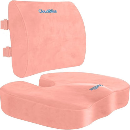 CloudBliss Ergonomic Seat Cushion & Lumbar Support Pillow Set, Pink, XL | Back Pain & Sciatica Relief, Memory Foam Support, Adjustable Straps, Machine Washable Velvet, Perfect for Office, Car, Gaming by CloudBliss