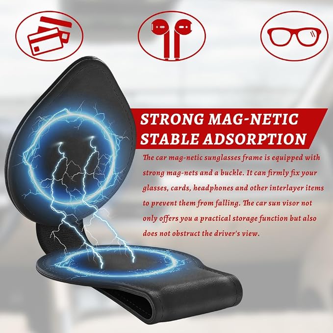 Sunglasses Holders for Car Visor, PU Leather Car Organizer, Magnetic Glasses Holder and Ticket Card Clip, Multi-Functional Auto Sun Visor Eyeglass Holder for Most Vehicles (Black) - Image 5
