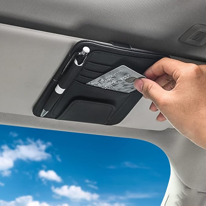 Small Leather Sun Visor Organizer for Car and Truck - Sunglass Holder, Card Sleeve Pocket, Document Holder for Registration, Driving License, Insurance, Pen, Chapstick by Unknown