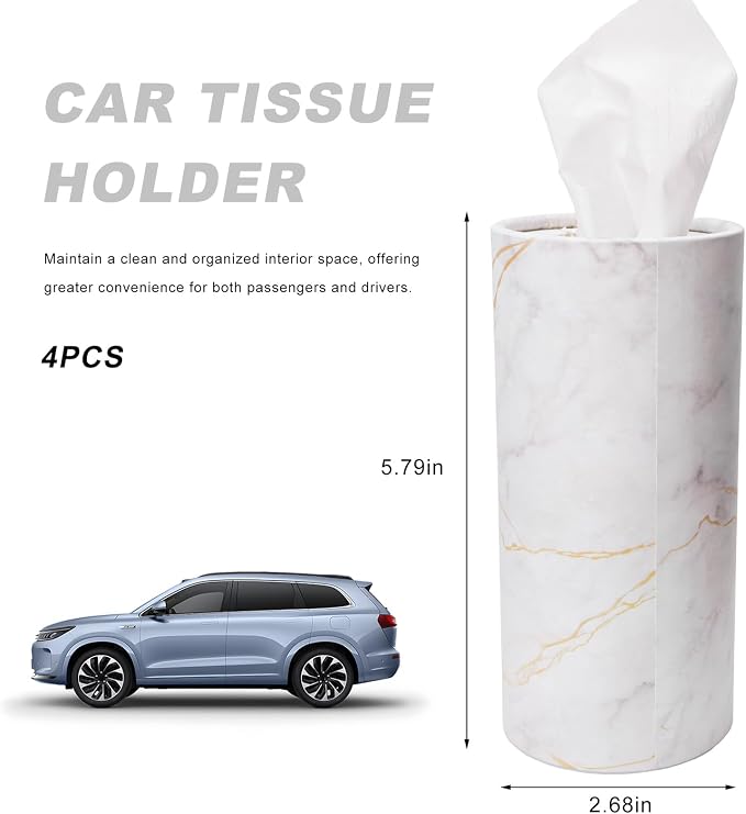 4 PCS Car Tissue Holder, Refillable Auto Cup Holder Napkin Tube Container with Facial Tissues, Portable Tissue Cylinder Box Paper Towel Organizer for Vehicle Office Home (White) - Image 2