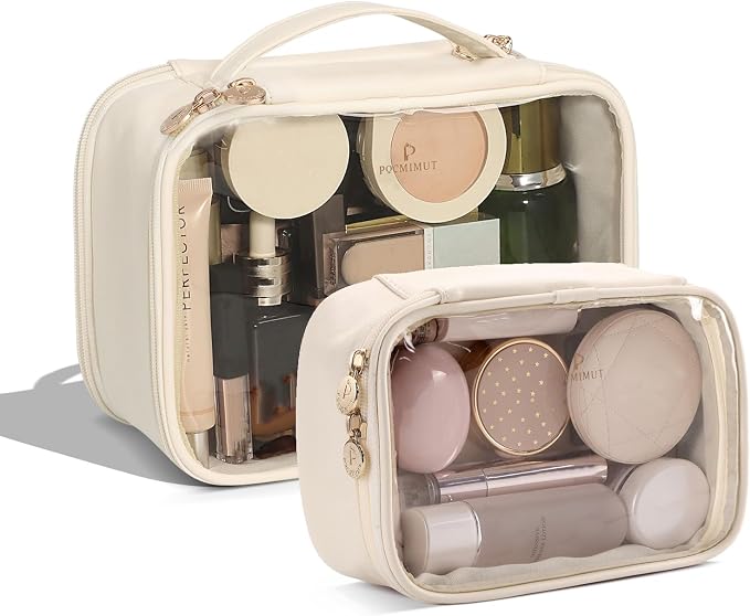Clear Makeup Bags,Small Makeup Pouch with Large Cosmetic Bag Toiletry Bag Car Accessories Storage for Women,Travel Essentials Organizers,Beige by Pocmimut