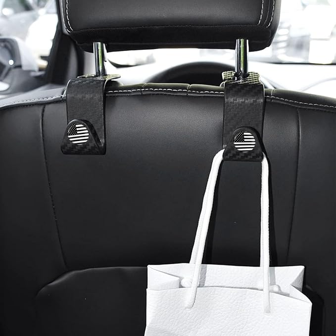 4 Pack Headrest Hooks for Vehicle Seats, Carbon Fiber/Black Flag | rear-row hanging storage, supports bags coats and groceries, fits matching headrest posts, interior accessory - Image 3