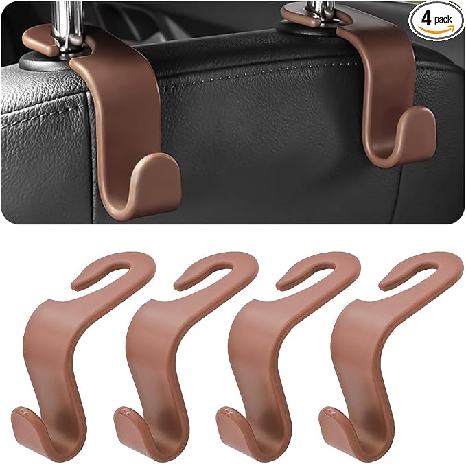 4 Pack Car Seat Headrest Hooks for Vehicle Seats, Brown | rear-row hanging storage, supports bags coats and groceries, fits matching headrest posts, interior accessory by Hanemia