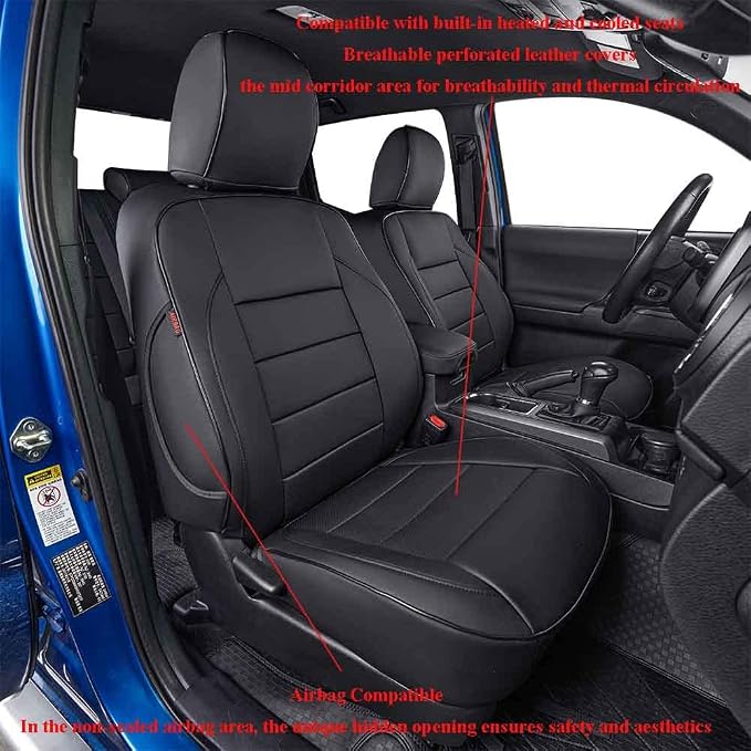 EKR Custom Fit Tacoma Front Car Seat Covers for Toyota Tacoma 2016 2017 2018 2019 2020 2021 2022 2023 Double Cab/Access Cab - Front Row Only,Faux Leather(Black) - Image 2