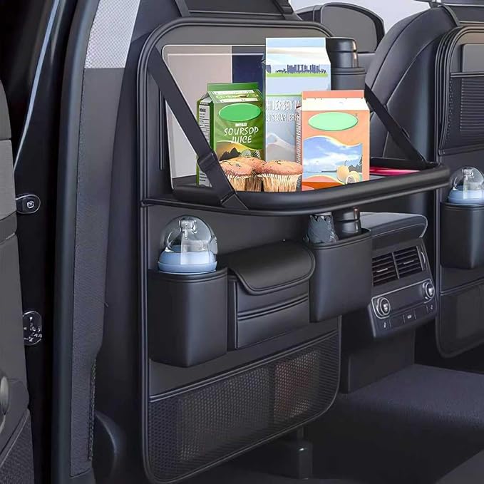 Car Backseat Organizer with Foldable Table Tray,Car Seat Back Protector with Touch Screen Phone Holder,Premium PU Leather Material,Compatible with Suitable for Most Car Travel Accessories by Unknown