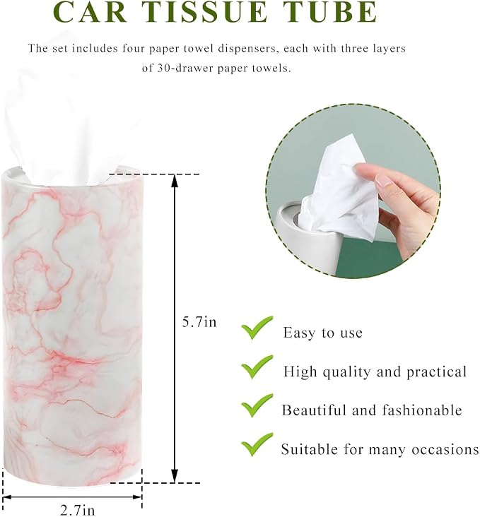 4 PCS Car Tissue Holder, Refillable Auto Cup Holder Round Napkin Container with Facial Tissues, Portable Tissue Box Paper Towel Cylinder for Most Vehicles, Car Accessories (Marble Pink) - Image 2