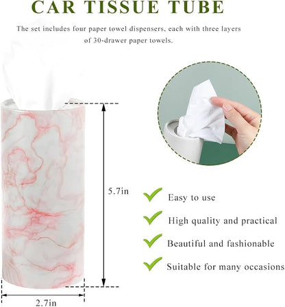 4 PCS Car Tissue Holder, Refillable Auto Cup Holder Round Napkin Container with Facial Tissues, Portable Tissue Box Paper Towel Cylinder for Most Vehicles, Car Accessories (Marble Pink) - Image 2