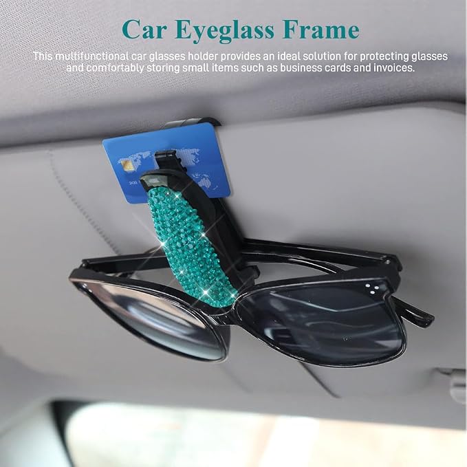 2PCS Glasses Holders for Car Sun Visor, Fashion Bling Crystal Rhinestones Car Eyeglasses Sunglasses Hanger Mount with Ticket Card Clip, Universal Vehicle Visor Accessories for Women Men (Lake Blue) - Image 3