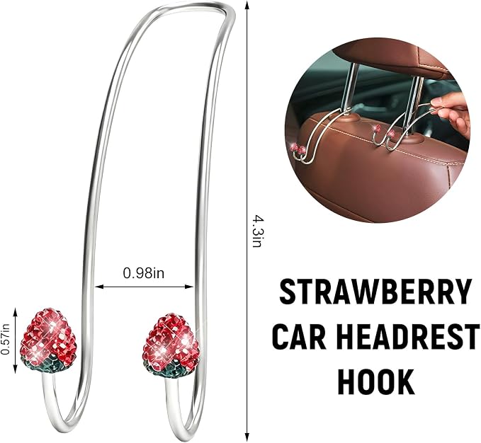 2 PCS Car Headrest Hooks Decorations, Bling Strawberry-Shaped Auto Backseat Hangers, Stainless Steel Purse Hook Diamond Seat Back Storage Holder for Most Cars Trucks SUVs (Red) - Image 2