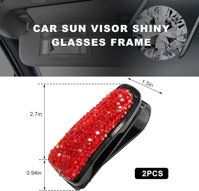 2 PCS Glasses Holders for Car Sun Visor, Bling Crystal Rhinestones Car Sunglasses Holder with Ticket Card Clip, Eyeglasses Hanger Mount for Women Girls, Car Interior Accessories (Red) - Image 2
