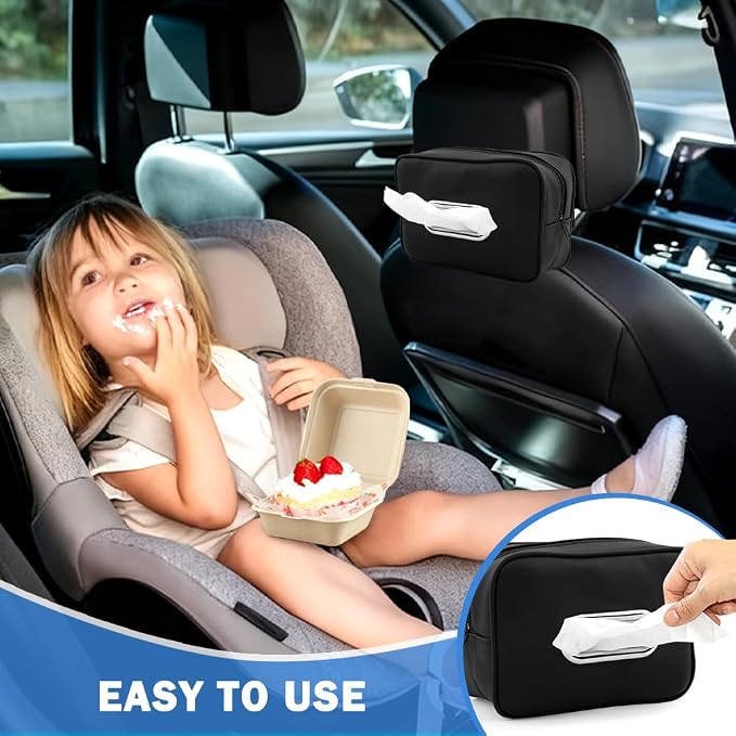 Car Tissue Holder, PU Leather Backseat Rectangle Napkin Organizer Tissue Box Cover Keep Car Tidy, Tissues Dispenser with 4 Hooks for Cars (COLOR:Black) - Image 6