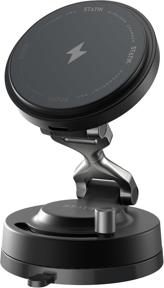 Statik HyperMount Pro Magnetic Charging Phone Holder for iPhone and Android | 15W Wireless Charging, Nano-Suction VacuLock Grip, 360° Rotation, Compatible with MagSafe, Metal Rings for Android by Statik