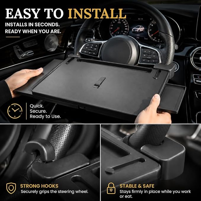 3-in-1 Steering Wheel Tray, Car Desk for Laptop, Food Tray for Eating & Work, Adjustable Car Table with Drawer & Anti-Slip Design, Multipurpose Travel Car Accessories - Image 3