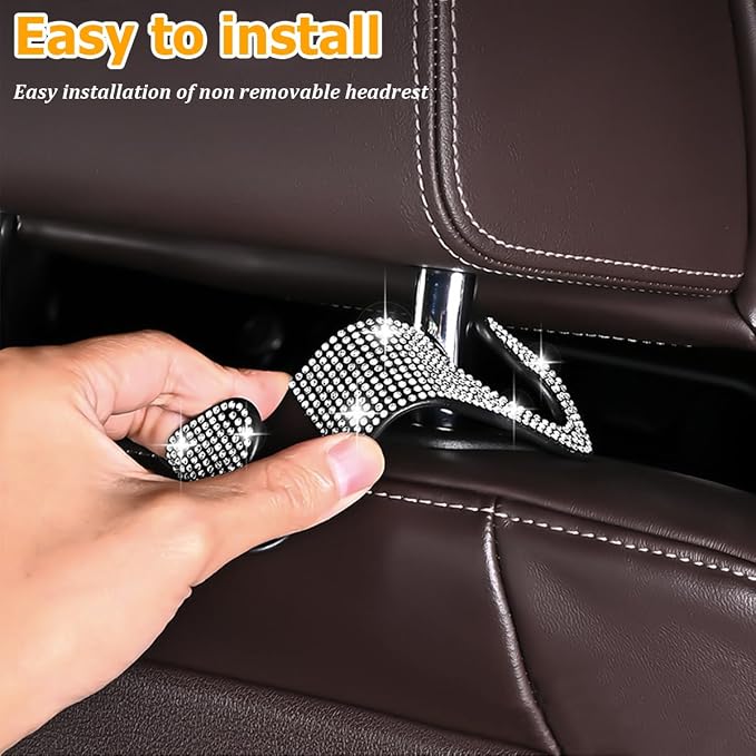 HZEL 4PCS Crystal Rhinestone Vehicle Headrest Hooks for Bags, White | plastic and rhinestone build, snap-on headrest mounting, holds bags and umbrellas, uses seatback space, fits vehicles - Image 5
