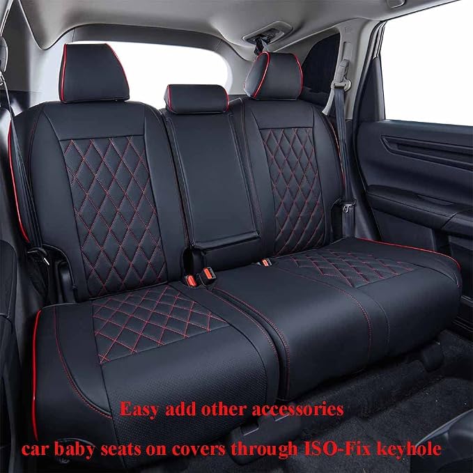 EKR Car Seat Covers for Honda CRV 2017-2022 Leatherette Full Set | Custom Fit for Honda CRV 2017 2018 2019 2020 2021 2022,Factory-Style Interior Upgrade,Faux Leather(Black with Red Piping) - Image 6