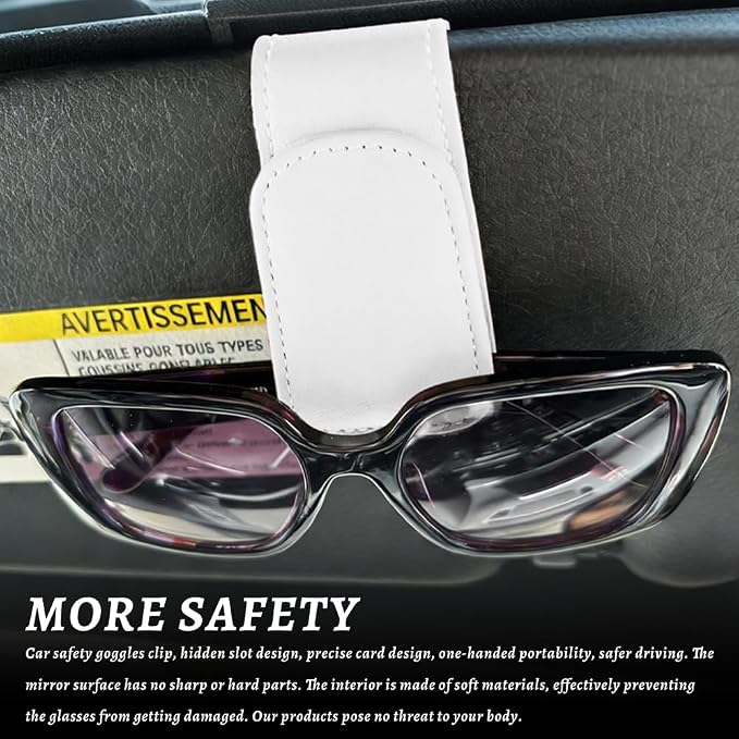 Sunglass Holder for Car, Car Sunglass Holder, Magnetic Leather Sunglasses Holder and Ticket Card Clip, Auto Multi-Functional Sun Visor Eyeglass Holders for SUV Pickup Truck (White) - Image 3