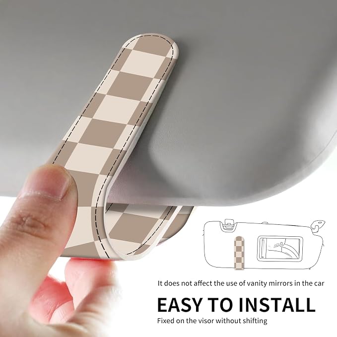 Leather Magnetic Sunglass Holder for Car Sun Visor, Cute Eyeglass Ticket Card Hanger Clip, Universal Auto Interior Accessories for SUV Pickup Truck Light Brown Checker - Image 5